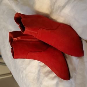 Clarks red suede low heeled booties
